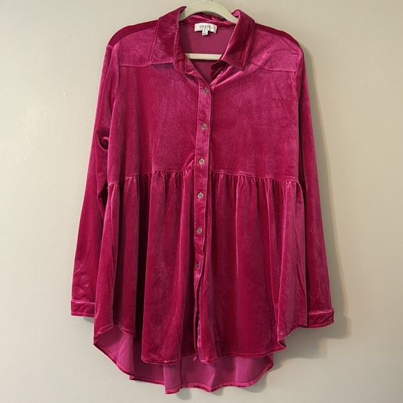 UMGEE Velvet Button Down Collared Tunic Top Ruby Pink Womans XL Long Sleeve - Picture 2 of 14